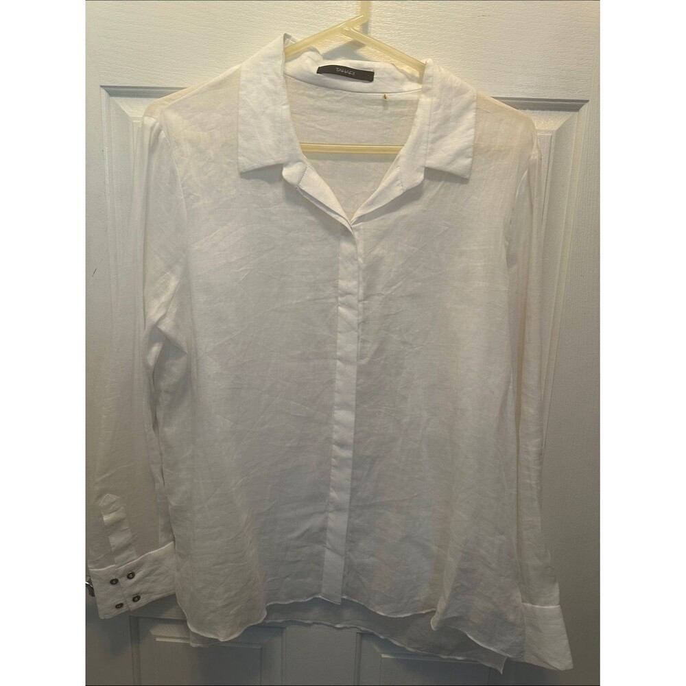White Button-Front 100% Ramie Linen Classic Blouse Wardrobe Staple Summer Chic